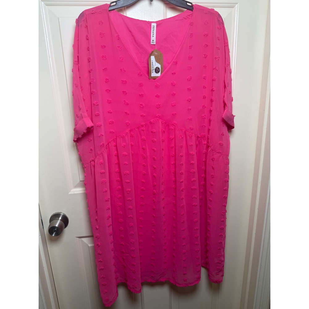 Zenana Hot Pink Swiss Dot Babydoll Dress V-Neck Plus Size 2X